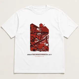 Front of a white tee carrying the utilitarian Great Railroad Strike of 1877 design