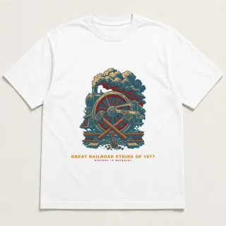 Front of a white tee with a four-color pixel-art design for Great Railroad Strike of 1877