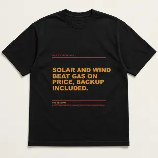 Front of a black tee reading "Solar and wind beat gas on price, backup included." with the Green New Deal page address printed under it