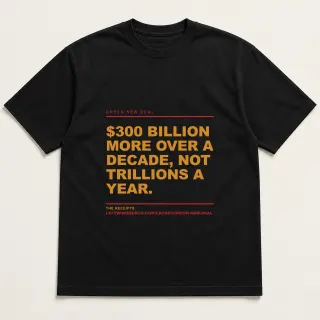Front of a black tee reading "$300 billion more over a decade, not trillions a year." with the Green New Deal page address printed under it
