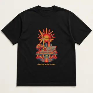Front of a black tee with a four-color pixel-art design for Green New Deal