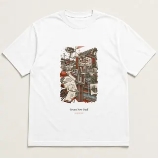 Front of a white tee carrying the conceptual sketch Green New Deal design