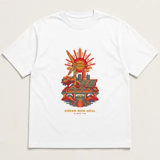 Front of a white tee with a four-color pixel-art design for Green New Deal
