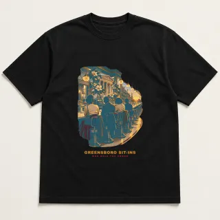 Front of a black tee with a two-color engraved design for Greensboro Sit-Ins