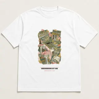 Front of a white tee carrying the scrapbook Greensboro Sit-Ins design