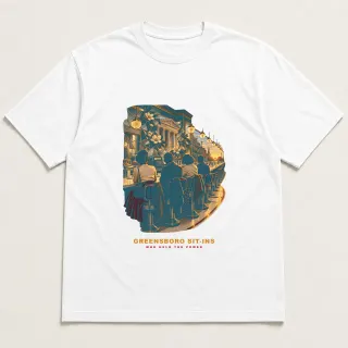 Front of a white tee with a two-color engraved design for Greensboro Sit-Ins