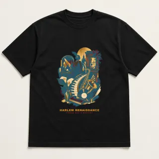 Front of a black tee with a three-color mixed-media design for Harlem Renaissance