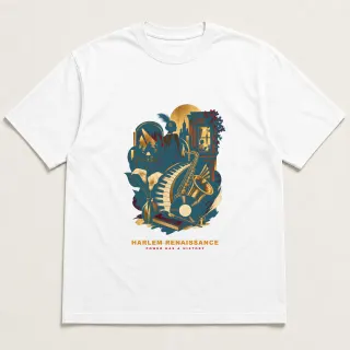 Front of a white tee with a three-color mixed-media design for Harlem Renaissance
