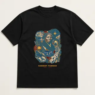 Front of a black tee with a three-color mixed-media design for Harriet Tubman