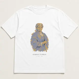 Front of a white tee carrying the ethereal Harriet Tubman design