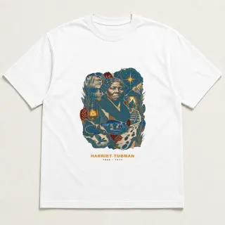 Front of a white tee with a three-color mixed-media design for Harriet Tubman
