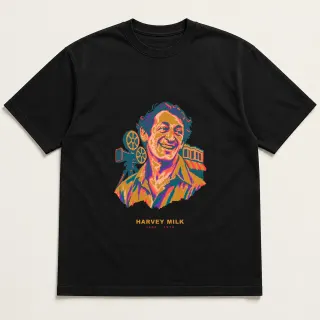 Front of a black tee with a four-color pixel-art design for Harvey Milk