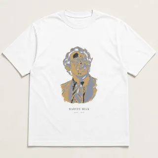 Front of a white tee carrying the ethereal Harvey Milk design