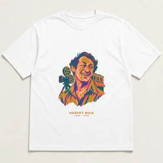 Front of a white tee with a four-color pixel-art design for Harvey Milk