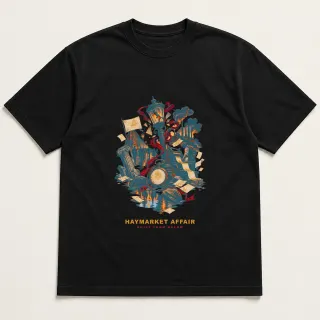 Front of a black tee with a four-color pixel-art design for Haymarket Affair