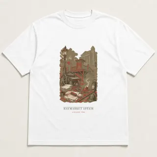 Front of a white tee carrying the lecture marble Haymarket Affair design