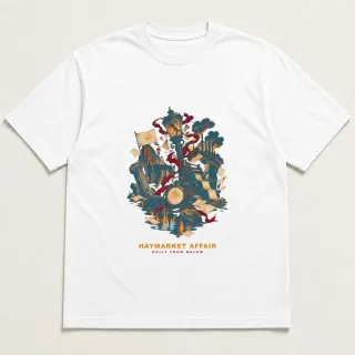 Front of a white tee with a four-color pixel-art design for Haymarket Affair