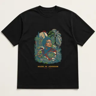 Front of a black tee with a two-color engraved design for Hazel M. Johnson