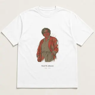 Front of a white tee carrying the unfinished hand Hazel M. Johnson design