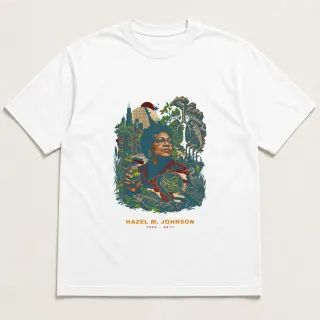 Front of a white tee with a two-color engraved design for Hazel M. Johnson