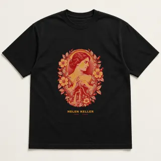 Front of a black tee with a two-color engraved design for Helen Keller