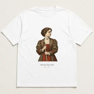 Front of a white tee carrying the lecture marble Helen Keller design