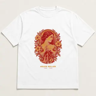 Front of a white tee with a two-color engraved design for Helen Keller