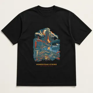 Front of a black tee with a two-color engraved design for Homestead Strike