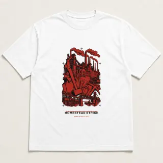 Front of a white tee carrying the utilitarian Homestead Strike design