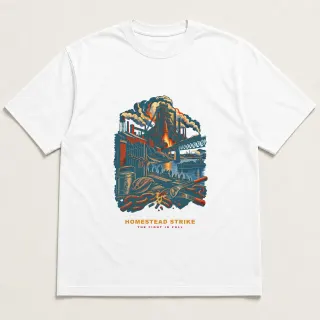 Front of a white tee with a two-color engraved design for Homestead Strike