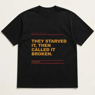 Front of a black tee reading "They starved it, then called it broken." with the Housing Justice page address printed under it