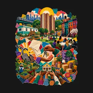 Housing Justice three-color mixed-media artwork