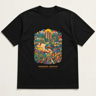 Front of a black tee with a three-color mixed-media design for Housing Justice