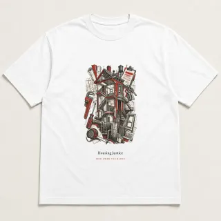 Front of a white tee carrying the conceptual sketch Housing Justice design