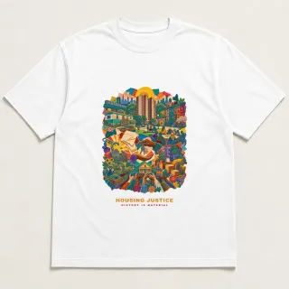 Front of a white tee with a three-color mixed-media design for Housing Justice