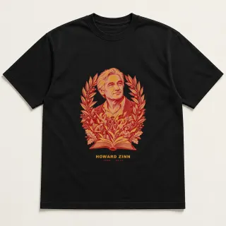Front of a black tee with a two-color engraved design for Howard Zinn