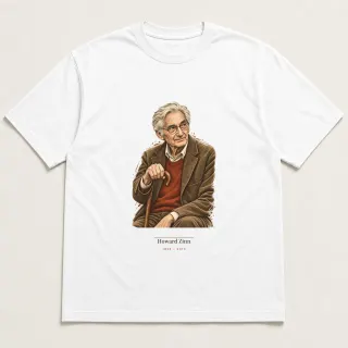 Front of a white tee carrying the light academia Howard Zinn design