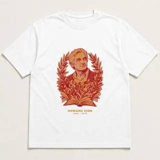 Front of a white tee with a two-color engraved design for Howard Zinn