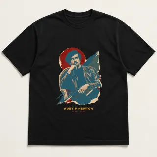 Front of a black tee with a three-color mixed-media design for Huey P. Newton