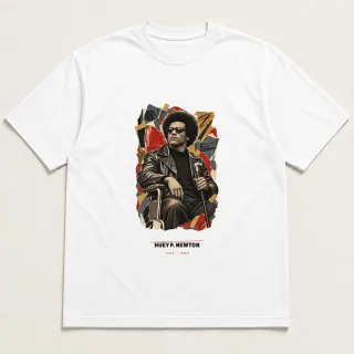 Front of a white tee carrying the archive collage Huey P. Newton design