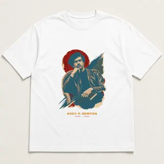 Front of a white tee with a three-color mixed-media design for Huey P. Newton