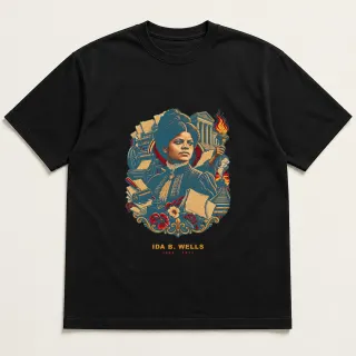 Front of a black tee with a four-color pixel-art design for Ida B. Wells