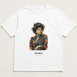Front of a white tee carrying the archive collage Ida B. Wells design