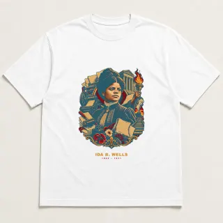 Front of a white tee with a four-color pixel-art design for Ida B. Wells