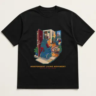 Front of a black tee with a four-color pixel-art design for Independent Living Movement