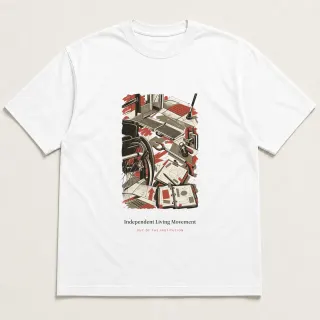 Front of a white tee carrying the unfinished hand Independent Living Movement design