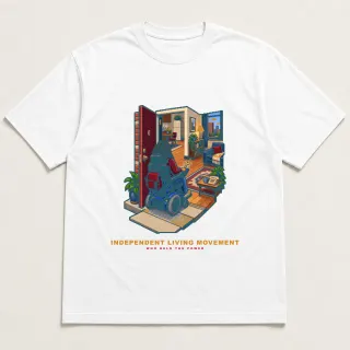 Front of a white tee with a four-color pixel-art design for Independent Living Movement