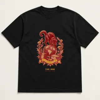 Front of a black tee with a two-color engraved design for The IWW