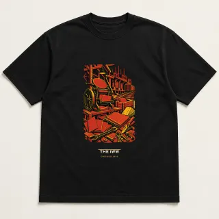 Front of a black tee carrying the civic modern The IWW design