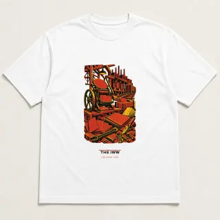 Front of a white tee carrying the civic modern The IWW design